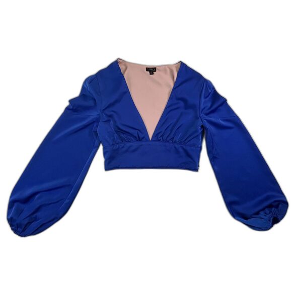 New Revolve NBD Cobalt Blue Karina Shiny Satin Long Puff Sleeve Crop Top SMALL‎ - Picture 1 of 7
